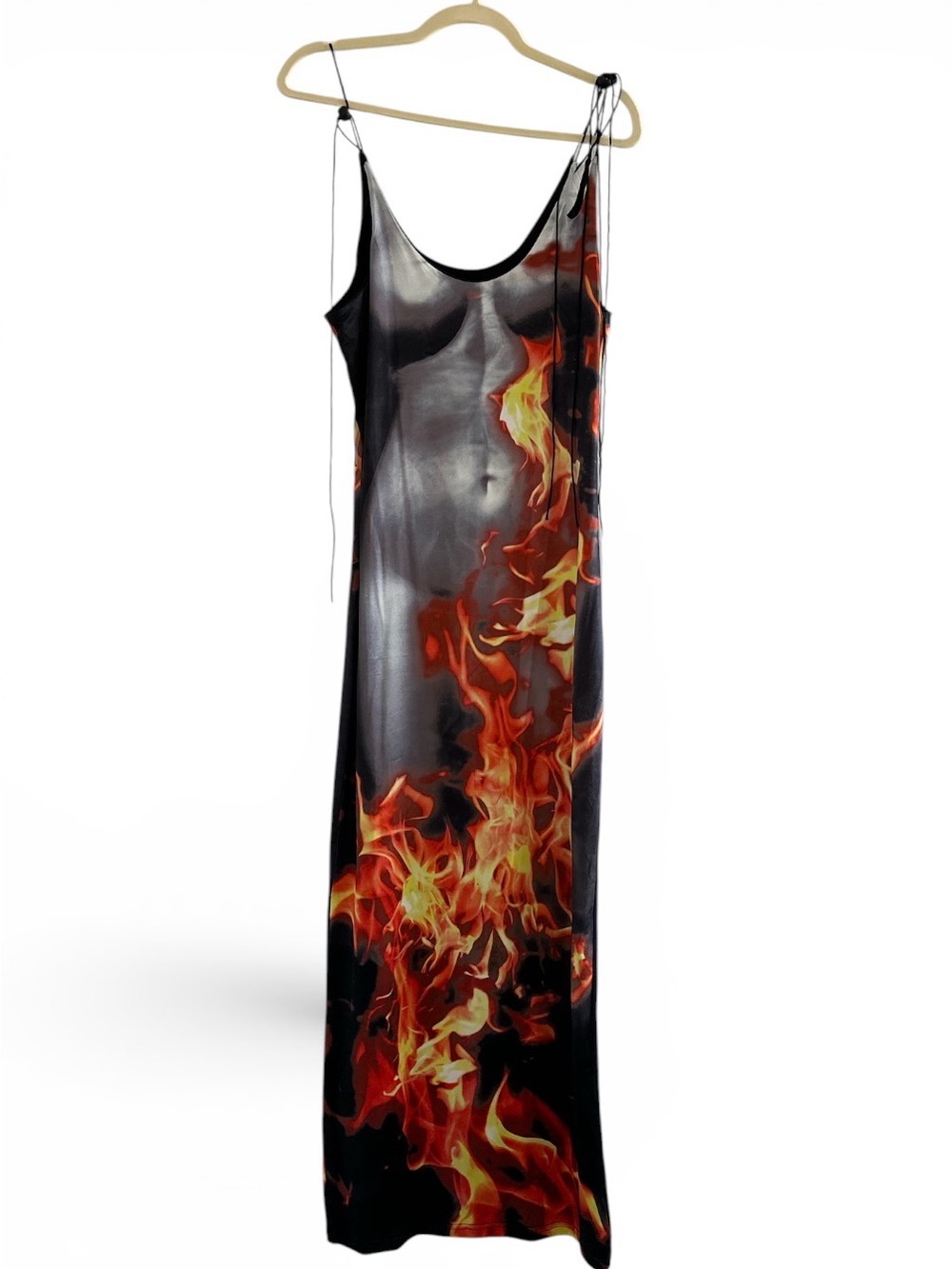 Black Maxi Slip Dress with Flame Print